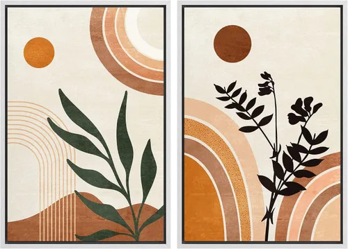 Vista 27 de SIGNFORD Lienzo enmarcado para pared, juego de arte geométrico retro de mediados de siglo, plantas forestales, ilustraciones con formas abstractas