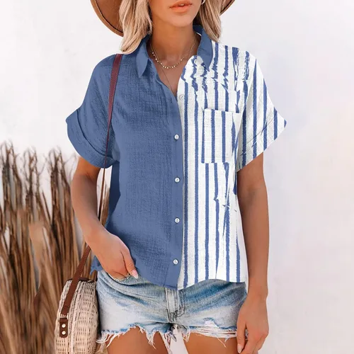 Vista 2 de Camisa de manga corta con cuello abierto para mujer, con múltiples botones, blusa casual de lino y algodón para verano