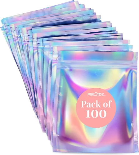 Vista 7 de Prestee Bolsas pequeñas de Mylar de 3 x 4 – 100 piezas holográficas resellables para almacenamiento de alimentos, a prueba de olores, ideales