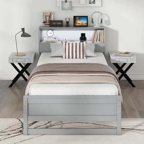 Vista 4 de Giantex Base de cama individual con cabecera de almacenamiento, plataforma de madera con estación de carga y luz LED, cama individual con soporte