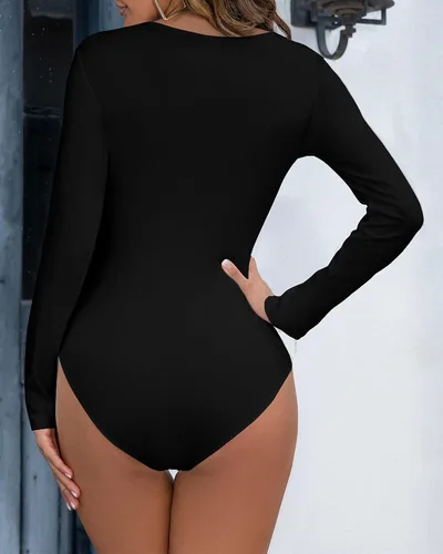Vista 3 de Body para mujer con cuello cuadrado, manga larga, ajustado, elástico