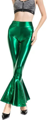 Vista 2 de Pantalones acampanados y metálicos brillantes para mujer, diseño de sirena de aspecto húmedo, elásticos, de cintura alta, de cuero, para discoteca