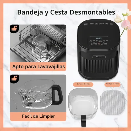 Vista 3 de Vexon Freidora de aire de vidrio de 4.5 L, ventana de visualización transparente, cesta fácil de limpiar, múltiples modos de cocción, controles Negro