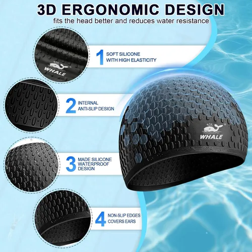 Vista 8 de Whlae Gorro de natación extra grande, con una correa de silicona duradera y diseño de oreja impermeable, adecuado para cabello largo, cabello rizado