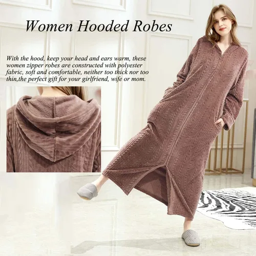 Vista 5 de Hellomamma Bata de baño larga con capucha y cremallera para mujer, bata de franela de forro polar, abrigo de invierno cálido para el hogar, camisón