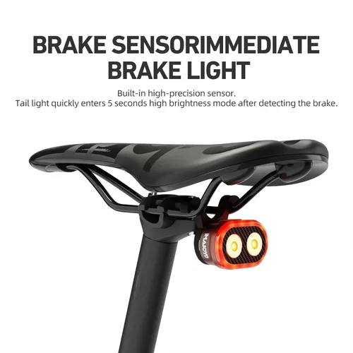 Vista 6 de Luz trasera para bicicleta, sensor de freno inteligente, parte trasera de bicicleta, luz principal + subluz de encendido/apagado automático, 4 x 5
