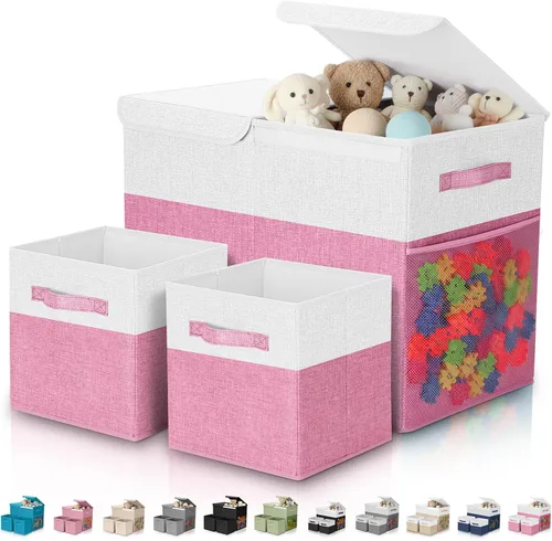 Vista 10 de Paquete de 3 Cajas Grandes de Almacenamiento de Juguetes de 23" con Cubos Contenedores de 11", Organizador Cofre de Juguetes Plegable con Tapas
