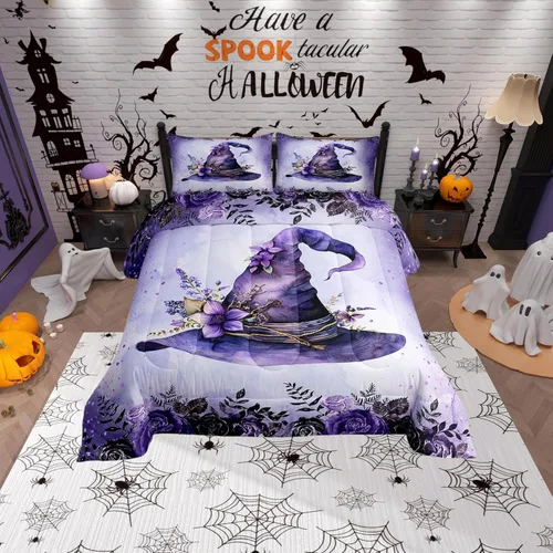 Vista 10 de Castle Fairy Happy Halloween - Juego de edredón para niños, tamaño Queen, juego de ropa de cama con diseño de fantasmas de dibujos animados rosa