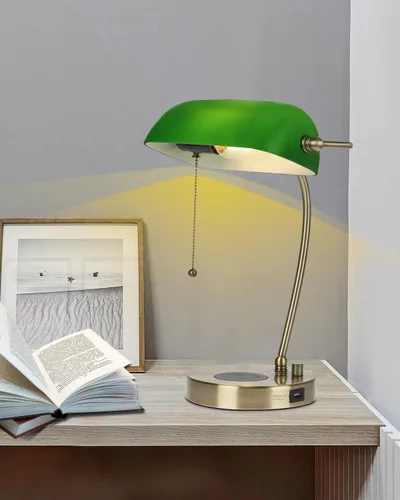 Vista 2 de Lámpara de Escritorio de Banquero de Cristal Verde con Cargador Inalámbrico, Puerto de Carga USB para Oficina en Casa, Lámpara de Mesa Regulable sin