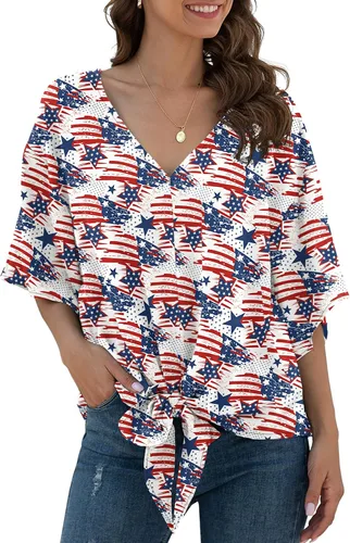Vista 17 de VIISHOW Womens Tie Front Chiffon Blouses V Neck Batwing Short Sleeve Summer Tops Shirts Albaricoque