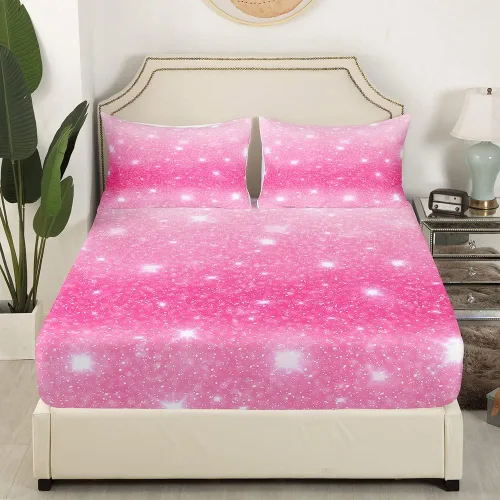 Vista 4 de jejeloiu Juego de sábanas de 3 piezas con purpurina rosa pastel para niñas y mujeres, sábana bajera ajustable con purpurina espacial