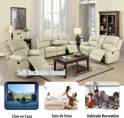 Vista 5 de Sofá reclinable manual de cuero para muebles de sala de estar, sofá reclinable de 78 pulgadas con mesa abatible, portavasos y sofá de cuero