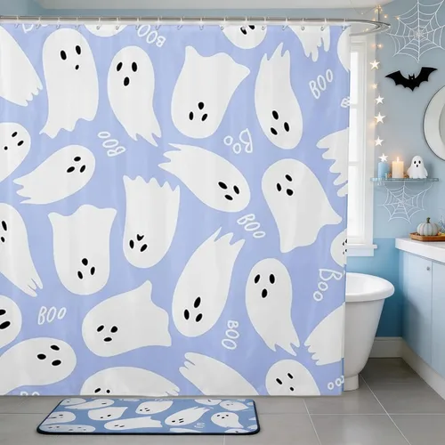 Vista 28 de Happy Halloween Shower Curtain,Bowknot Snowflake Pattern Bathroom Curtains,Sweet Ghost Holiday Theme Waterproof Bath Curtain,Black Bathroom Curtains
