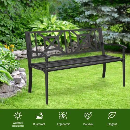 Vista 8 de S AFSTAR Banco de jardín al aire libre, asiento de metal para porche con asiento y respaldo decorativo, sofá biplaza para 2 personas para patio
