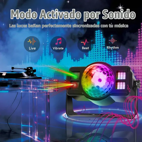 Vista 4 de Luces de fiesta de bola de discoteca 3 en 1, luz estroboscópica de DJ activada por sonido con 60 patrones, proyector LED alimentado por USB