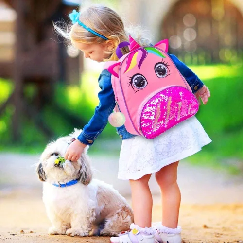 Vista 3 de Mochila de unicornio para niñas bonita mochila preescolar y lonchera para niños pequeños bonita mochila escolar de lentejuelas para niños pequeños