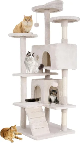 Vista 17 de BestPet Torre para Gatos de 36" Beige Torre Resistente para Gatos de Múltiples Niveles con Casita de Felpa, Percha Acogedora, Postes
