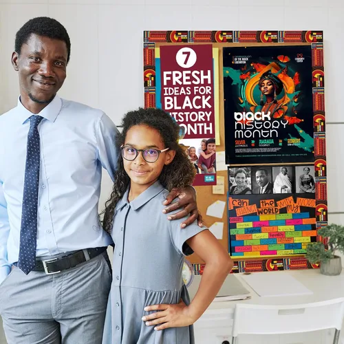 Vista 7 de Tablero de anuncios del mes de la historia negro de 72 pies, borde Kente, decoración de aula, papel de doble cara para celebración afroamericana