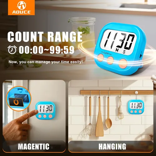Vista 3 de Paquete de 2 temporizadores de cocina con anillo ruidoso, temporizadores digitales para cocinar magnéticos, color azul