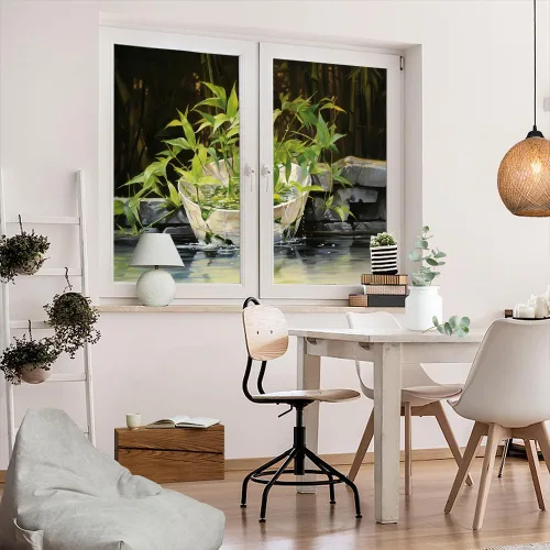 Vista 5 de Película de privacidad para ventanas de plantas acuáticas, bambú verde, vintage, botánico, vitral, sin pegamento, película de adherencia estática