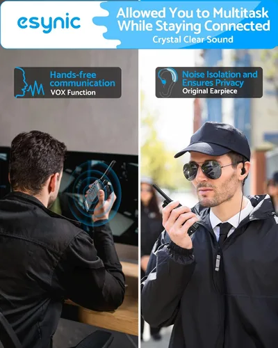 Vista 4 de eSynic Walkie Talkies recargables con auriculares, 2 radios bidireccionales de largo alcance de 16 canales USB de carga, transceptor de mano Walky