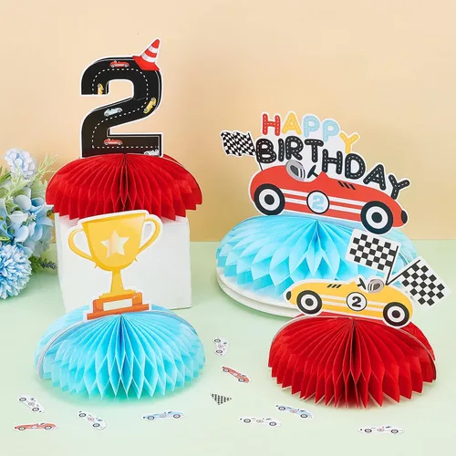 Vista 2 de Fangleland 8 centros de mesa rápidos de panal de abeja, temática de auto de carreras retro, decoración de mesa 3D para fiesta de segundo cumpleaños