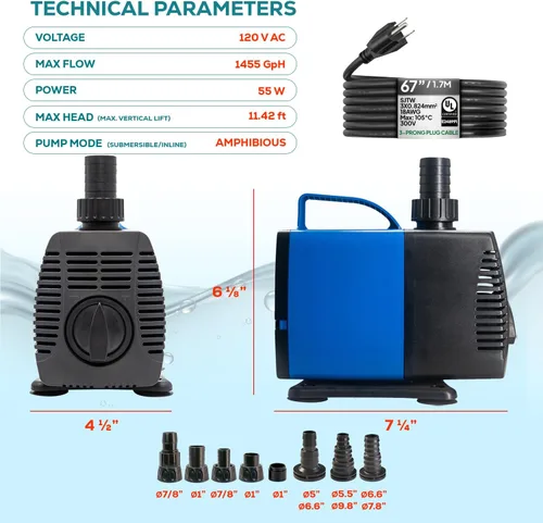 Vista 10 de Aqua Dream Bomba de agua anfibia de 634 GPH – Bomba externa sumergible o en línea de 35 W con eje de cerámica resistente a la corrosión, elevación