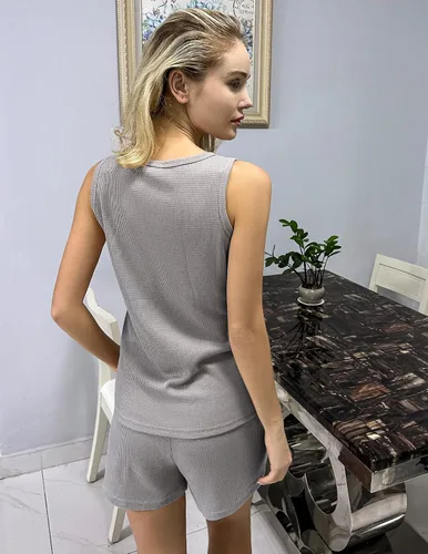 Vista 4 de Ekouaer Conjunto de pijama sin mangas con cuello en V y waffle, ropa de dormir