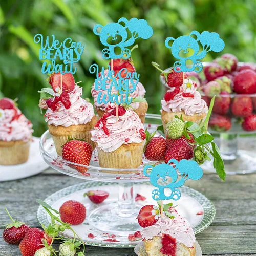 Vista 4 de 24 PIEZAS Oso de Peluche con Texto "We Can Bearly Wait" Adornos de Cupcake con Purpurina, Globo Oso para Revelación de Género, Adornos de Baby