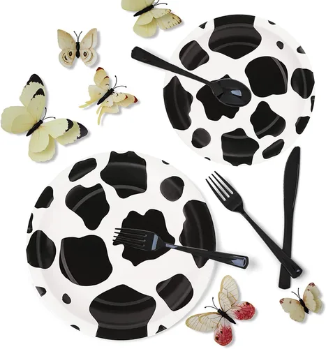 Vista 3 de 150 piezas de suministros de fiesta con estampado de vaca, juego de vajilla con estampado de vaca de granja que incluye platos de papel de vaca de 9