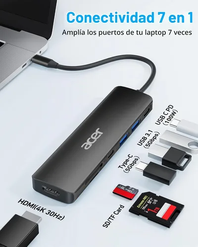 Vista 2 de Acer USB C Hub, Dock USB-C a HDMI 7 en 1, 2 USBA 3.1 GEN1 y puerto de datos Type-C de 5Gbps, puerto HDMI 4K, carga PD de 100W, lector de tarjetas