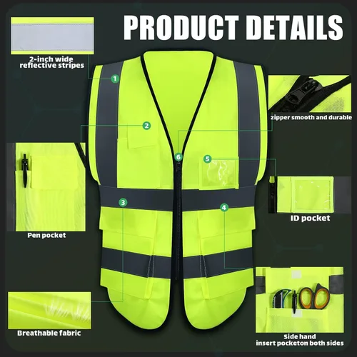 Vista 3 de Chaleco de seguridad reflectante de 10 piezas con bolsillos y cremallera de alta visibilidad para mujeres y hombres, trabajo, construcción, ciclismo