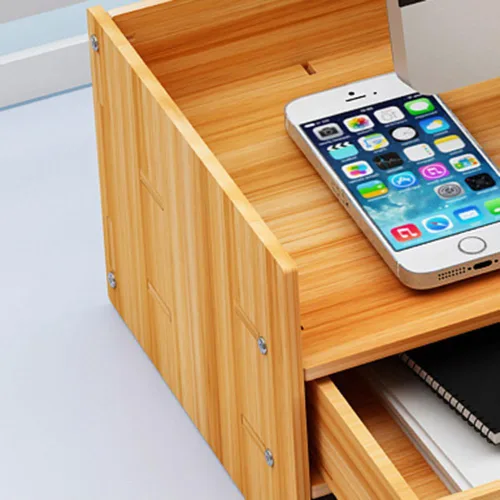 Vista 4 de Soporte ergonómico para monitor de madera,Estantes de monitor de escritorio pequeños con cajón,Organizador de escritorio de oficina en casa