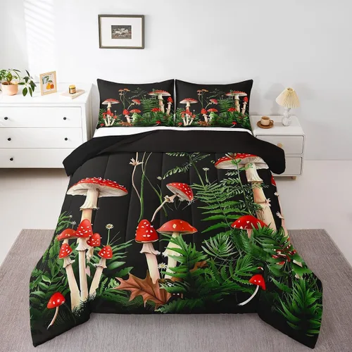 Vista 12 de Feelyou Lindo juego de ropa de cama de hongos kawaii tamaño individual para niños y niñas, decoración de hongos salvajes, juego de edredón