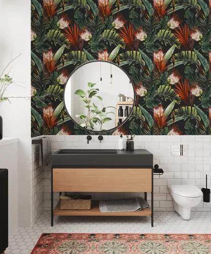 Vista 3 de HAOKHOME Papel tapiz removible con diseño floral de selva para despegar y pegar, papel de pared de vinilo negro/verde/rojo, papel de contacto, 17.7