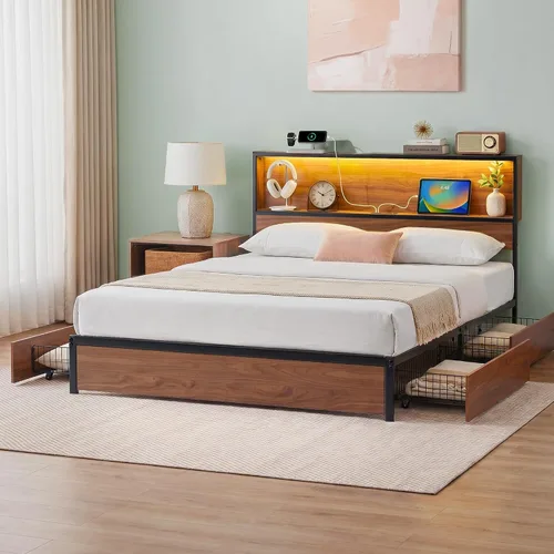 Vista 14 de Zinus Kai - Base de cama de plataforma, cabecero de dos niveles para almacenamiento que ahorra espacio, luces LED RGB con ajuste de estado de ánimo