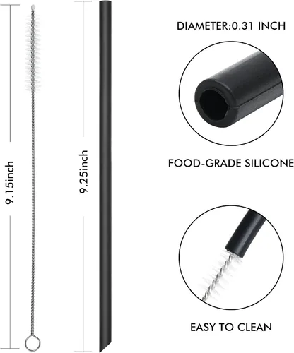 Vista 2 de Pajitas de silicona reutilizables, 8 popotes rectos largos y flexibles negros con 2 cepillos de limpieza para vasos Rtic/Ozark/Stanley de 20 onzas