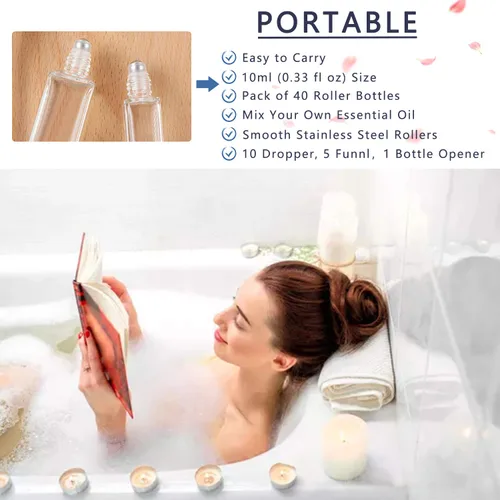 Vista 3 de wifreo 40 botellas de vidrio de 0.3 fl oz para aceites esenciales, botellas de muestra de perfume transparente recargables ecológicas con bola
