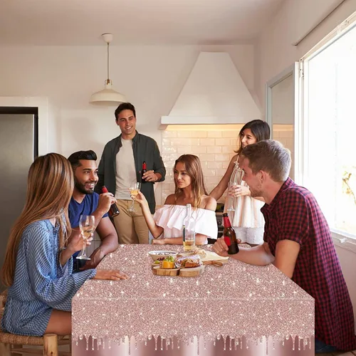 Vista 4 de 3 manteles de lentejuelas rosas y doradas para fiesta de cumpleaños, cubierta de mesa de oro rosa, diamantes con purpurina, fondo de feliz