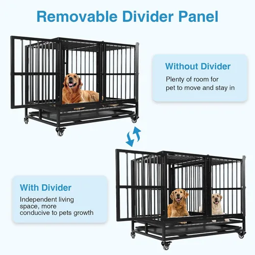 Vista 6 de Jaula indestructible para perros de 37 pulgadas con panel divisor extraíble, jaula resistente para mascotas para dos perros con ruedas de bandeja