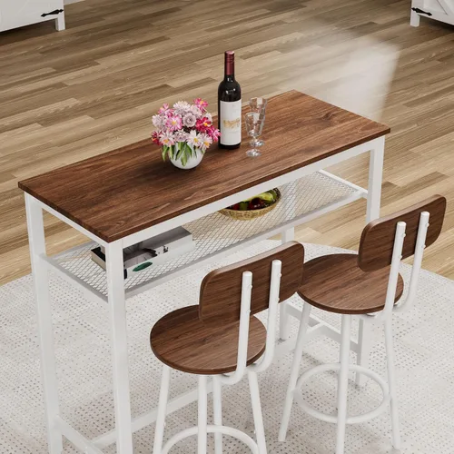Vista 5 de LUMISOL Juego de mesa de barra de 3 piezas con almacenamiento para 2, moderno juego de mesa de comedor de metal con 2 taburetes, ahorra espacio