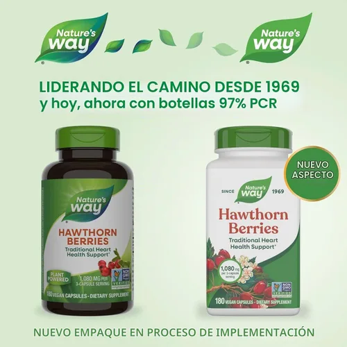 Vista 3 de Nature's Way Bayas de espino de hierbas premium, 1,530 mg por porción, 180 cápsulas (el embalaje puede variar)