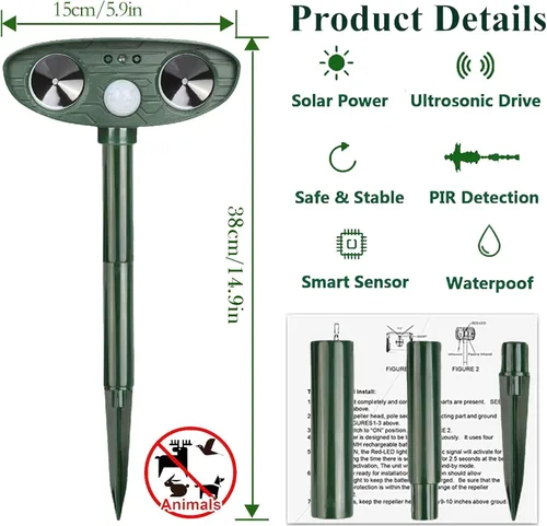 Vista 5 de Disuasorio ultrasónico para gatos, dispositivo disuasorio alimentado por energía solar con luz intermitente, disuasorio ultrasónico para gatos