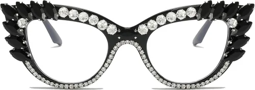 Vista 2 de LJCZKA Rhinestone Cat Eye Glasses Women Retro Diamond Bling Shiny Cateye Blue Light Blocking Glasses Computer Eyeglasses