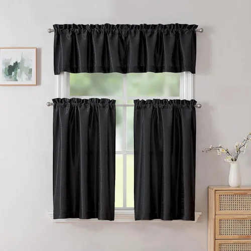 Vista 2 de Chyhomenyc Uptown - Cortinas negras de 24 pulgadas de largo, 2 paneles, cortinas cortas de seda sintética para oscurecer la habitación, cortinas