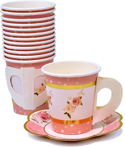Vista 3 de Gift Boutique Juego de 36 tazas de té de papel con asas y 36 platillos en forma floral desechables para niños y adultos, cumpleaños, baby shower