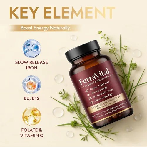 Vista 2 de Suplemento de ferritina para mujeres – Apoya niveles saludables de hierro y energía – con glicina ferrosa, vitaminas C, B12, B6, folato, zinc