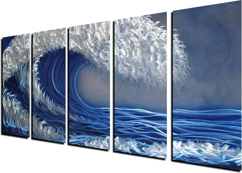 Vista 9 de Arte de pared de metal oceánico, arte abstracto de metal hecho a mano, arte de pared azul y plateado a gran escala, pintura de aluminio 3D única
