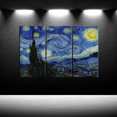 Vista 2 de iKNOW FOTO Lienzo grande de 3 paneles, arte de pared, noche estrellada por Van Gogh, famosas pinturas al óleo, reproducción moderna de lienzo