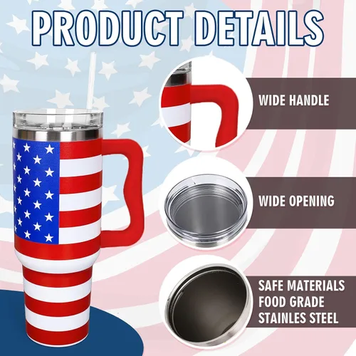 Vista 3 de Whaline Vaso patriótico del 4 de julio de 40 oz con asa, pajita y tapa, estrellas y rayas en rojo, azul y bandera de EE. UU., vaso de viaje del día